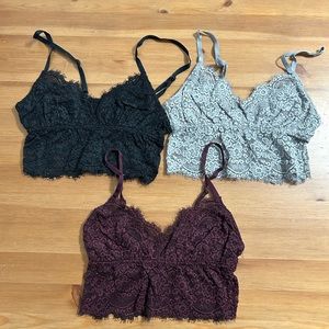 Aerie lace bralette pack of 3 in black, gray, and plum